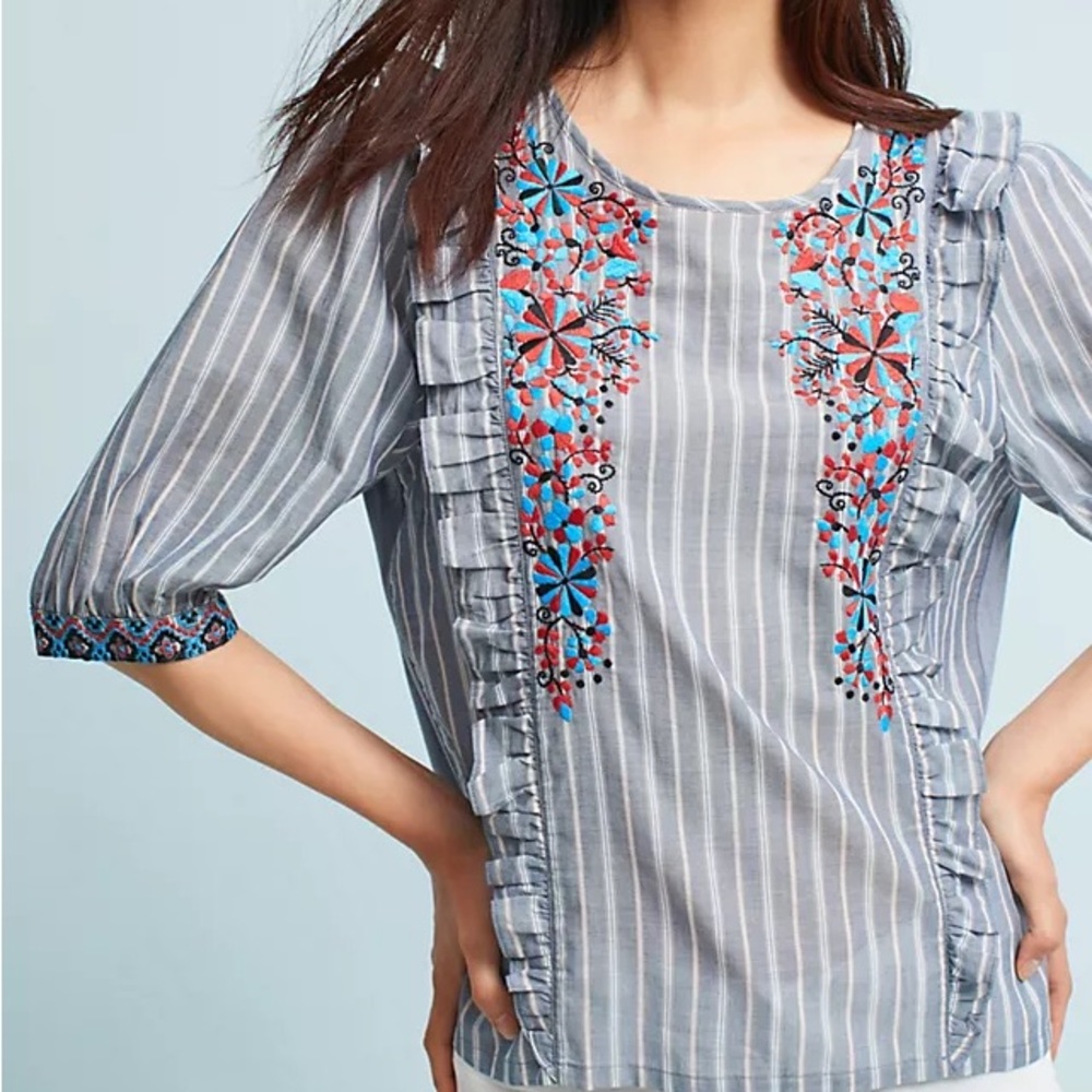 One September “JAYDEN” Embroidered Stripe Top – Anthropologie – Size L